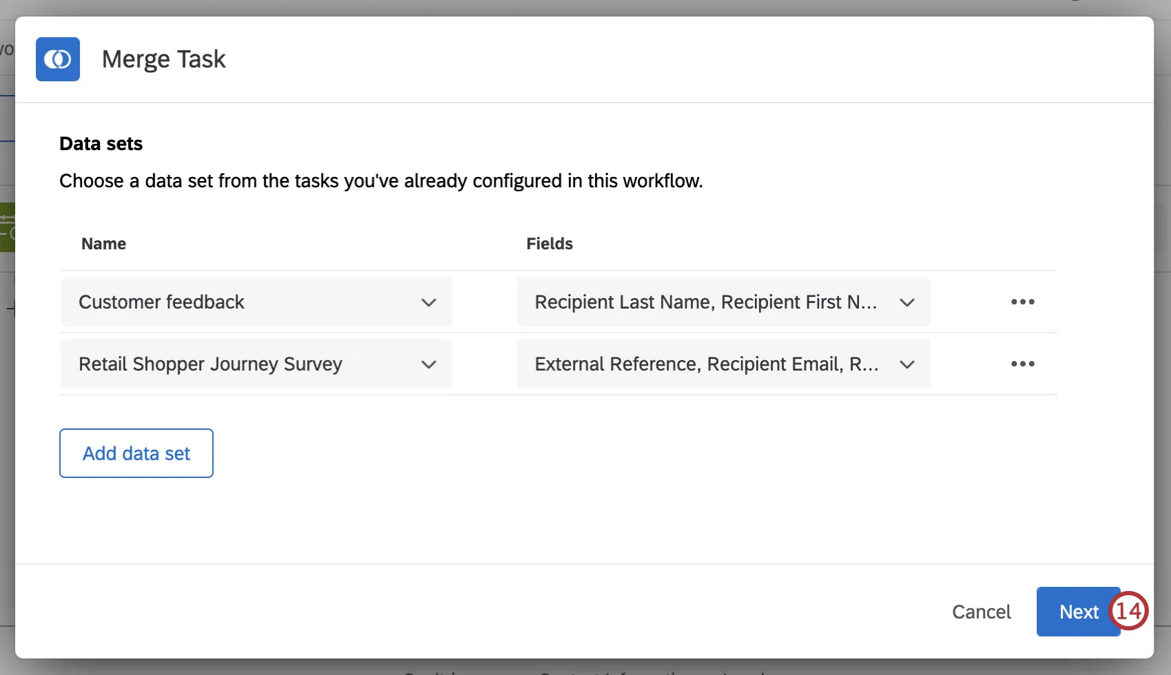 data sets and fields configured within a merge task