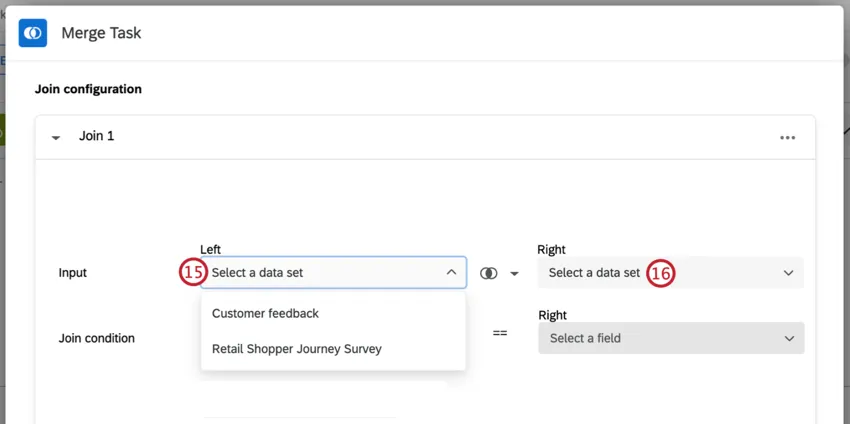 selecting your data sets as inputs for the merge function