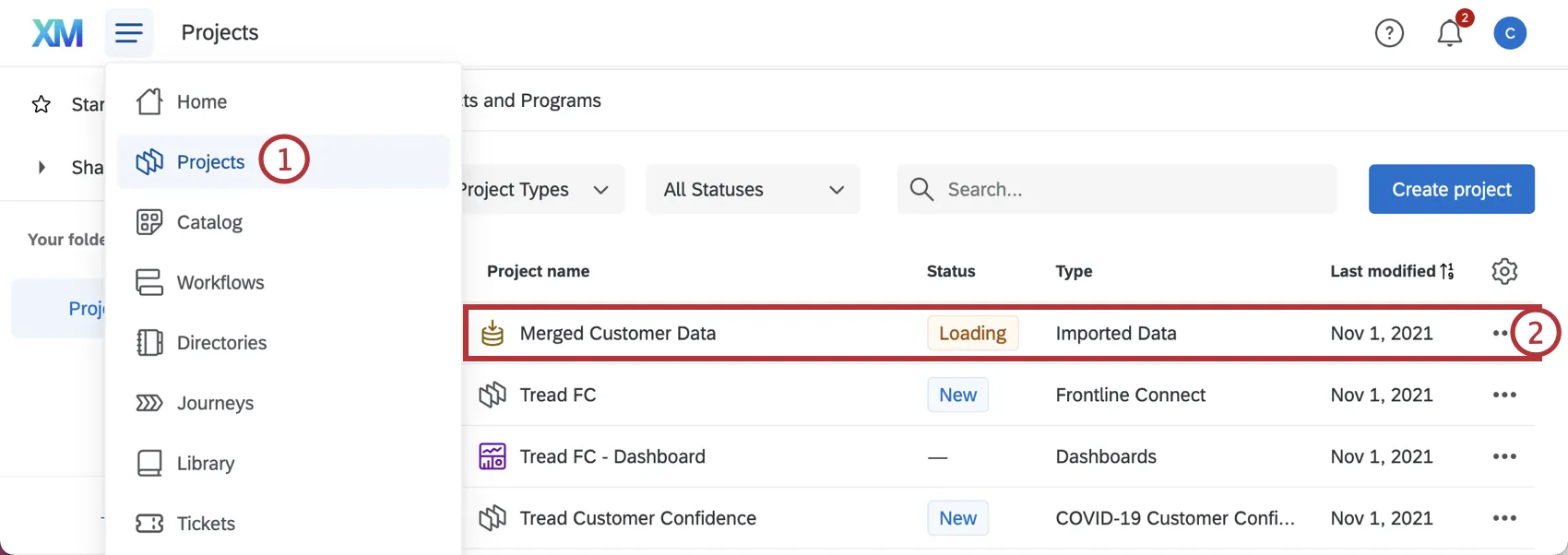 viewing your merged dataset in the projects page