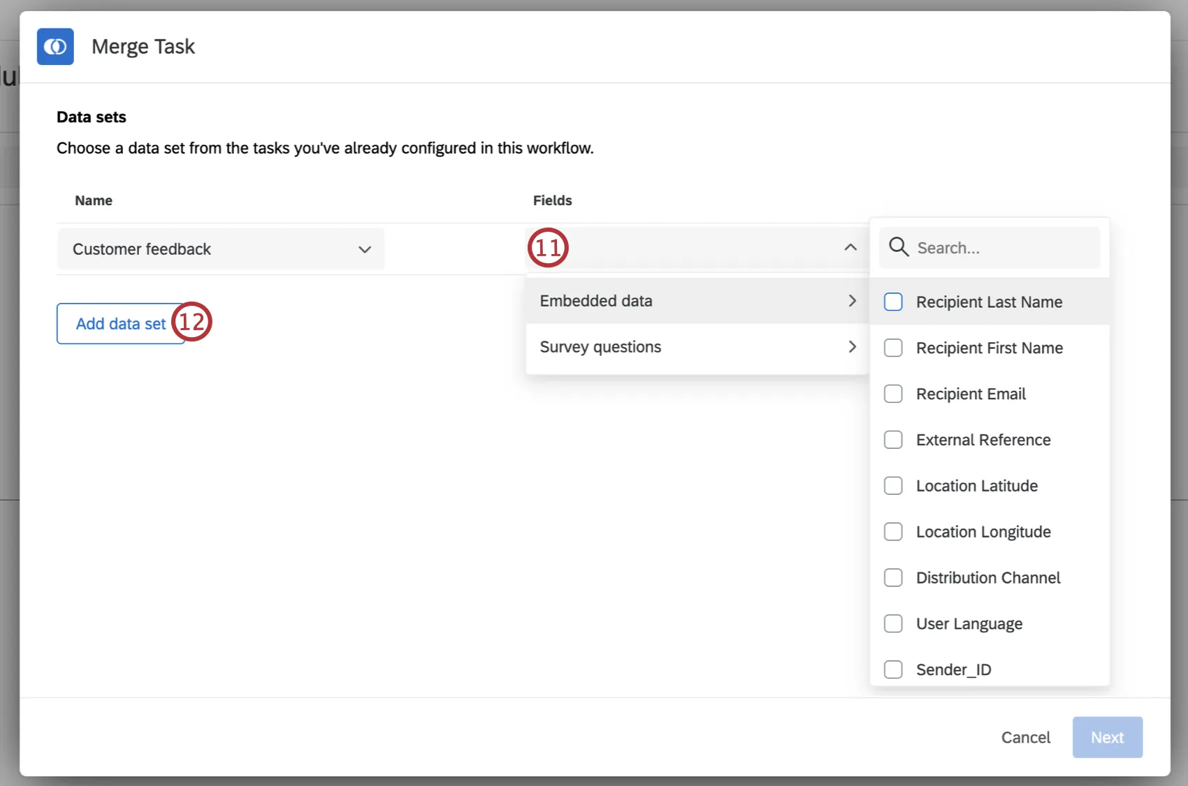 selecting fields to add from your selected data set
