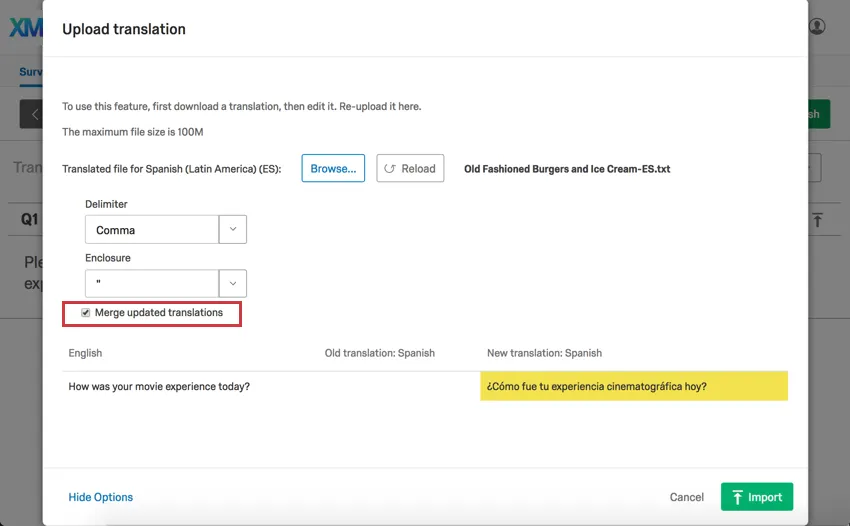Merge translations option appears above translation preview and is a small checkbox