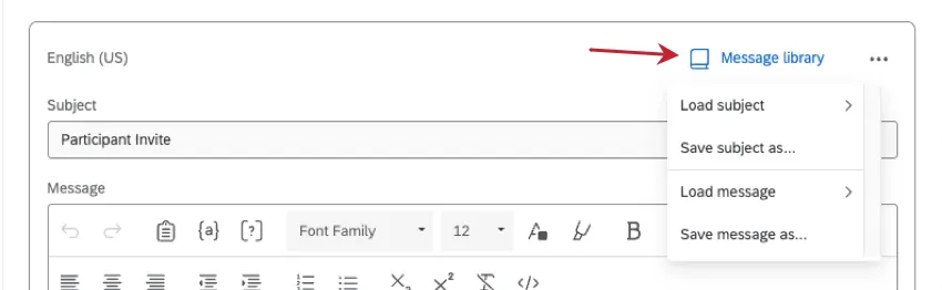 クリックすると、load subject、save subject as、load message、save message asのオプションが表示されます。