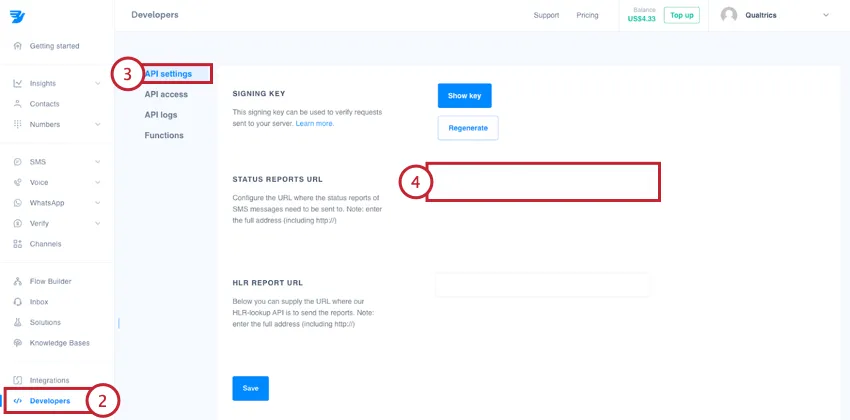 Registerkarte "Entwickler" in messagebird