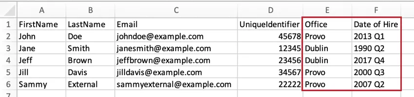 Ejemplo de columnas de metadatos en un archivo importable