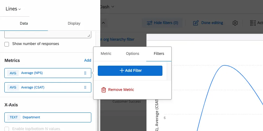 Metrics to left, click one, open filter tab