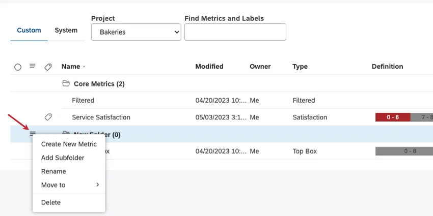 3 line menu next to each folder clicked to show options listed below