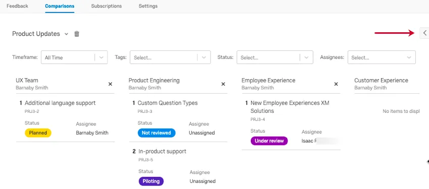 o botão de seta no lado direito da página quando a janela de coleções é minimizada