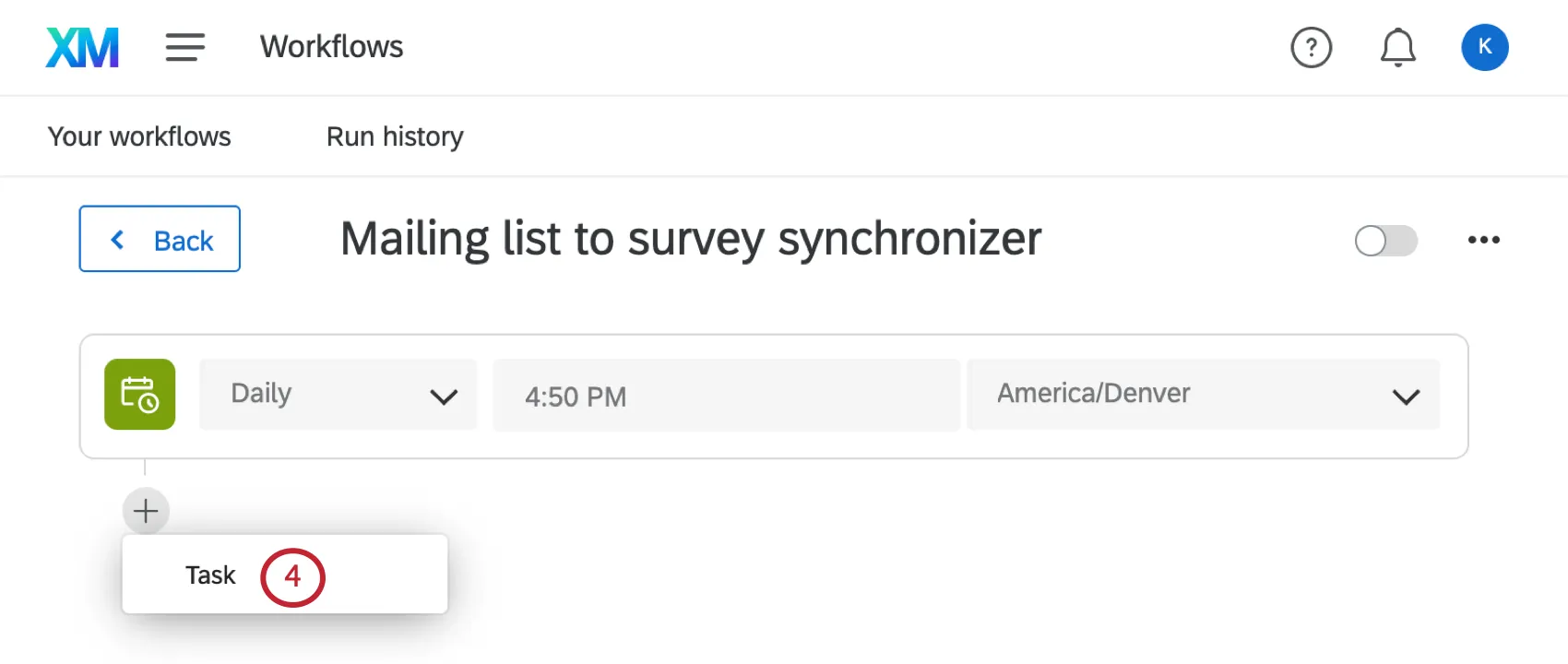 Add task button bottom of a workflow