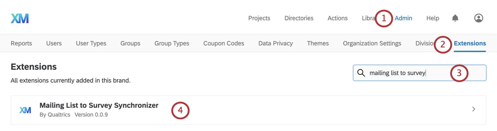 In admin page, slected Extensions along the top (one of last top bar navigation options), use search bar to find mailing list to survey synchronizer