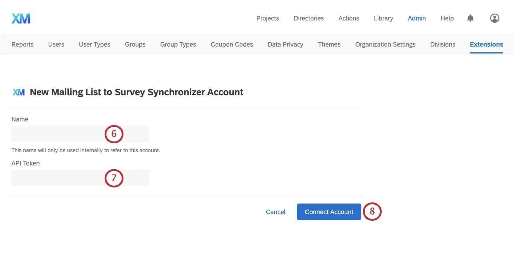 Two fields for account name and API key, blue connect account button bottom-right