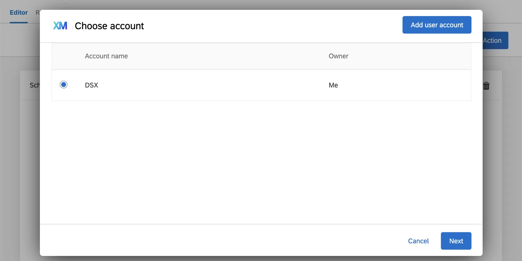 Account selected (radio button filled in nxt to account), next button in bottom-right of window