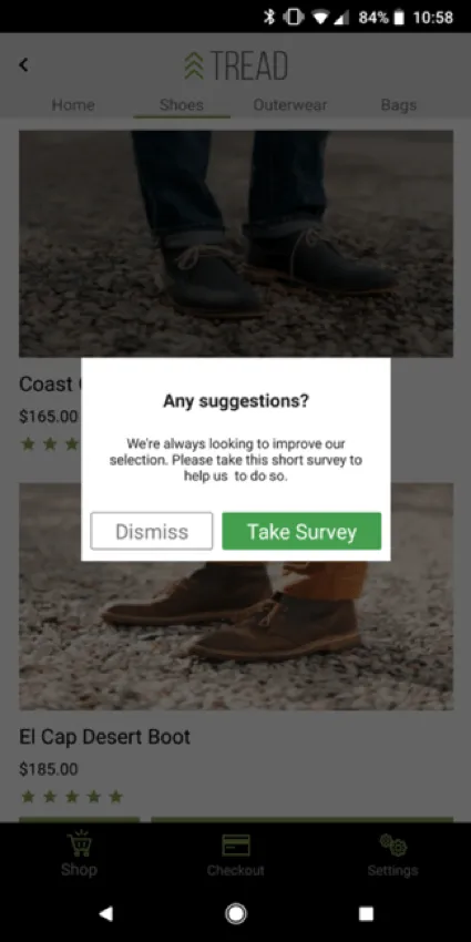 Un Pop Over in unapplicazione mobile per la finta azienda Tread