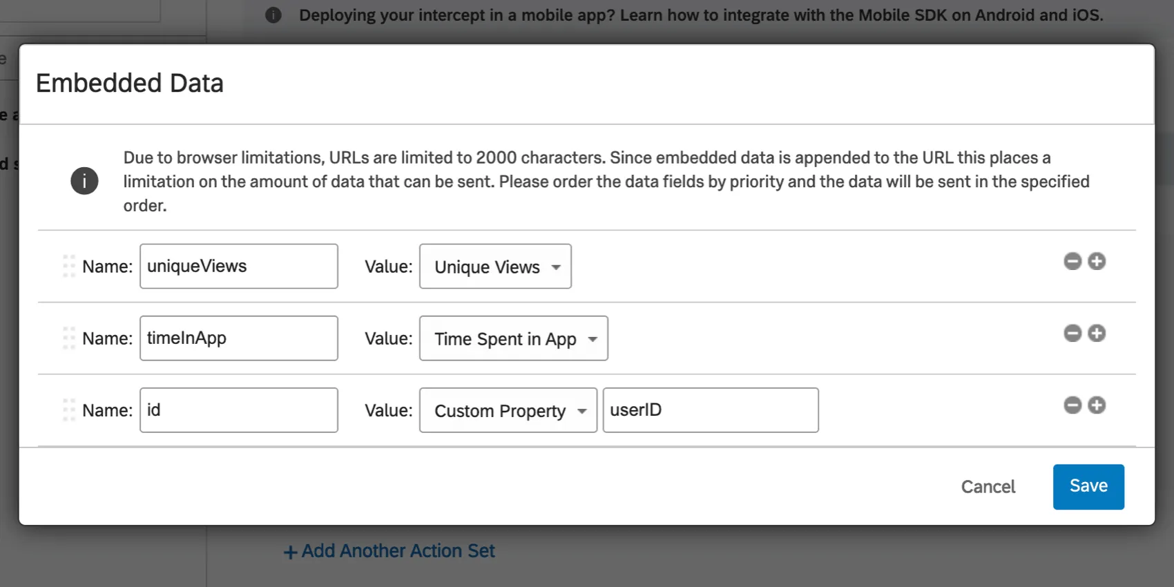 Embedded Data for unique views, time spent in app, and a custom property
