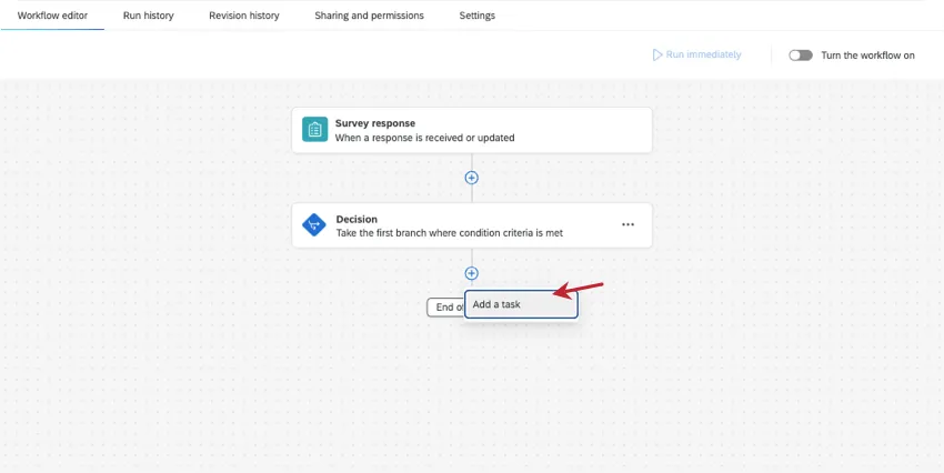adding a task to a workflow that otherwise only has a survey response event and a condition