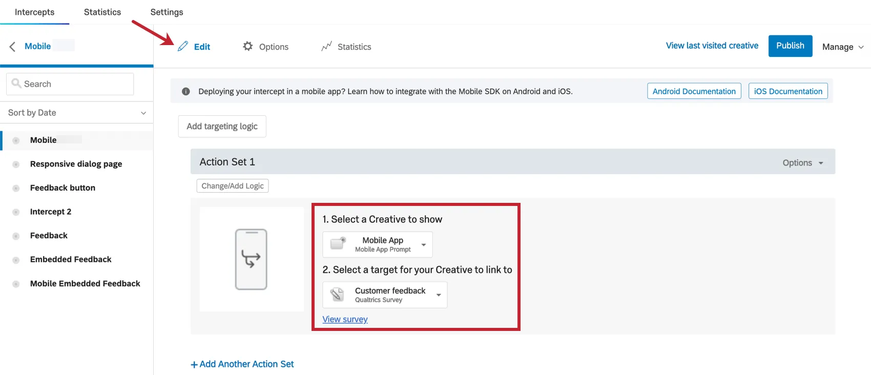 Abschnitt Intercept" mit dem in der Mitte hervorgehobenen Editor bearbeiten
