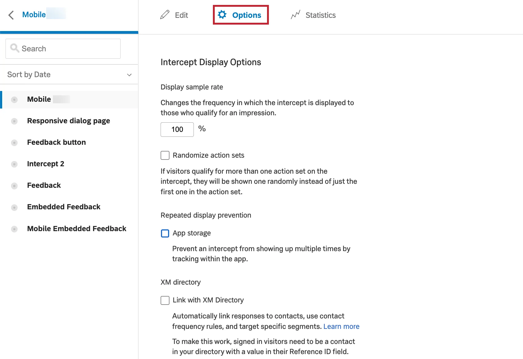 Section Options de longlet Intercept