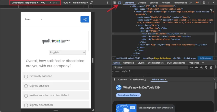 a janela de inspeção no google chrome. o ícone do desktop e do celular está destacado, assim como os controles de dimensão