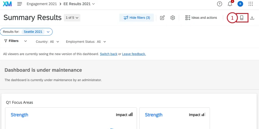 ダッシュボードの上部にあるモバイルプレビューボタン