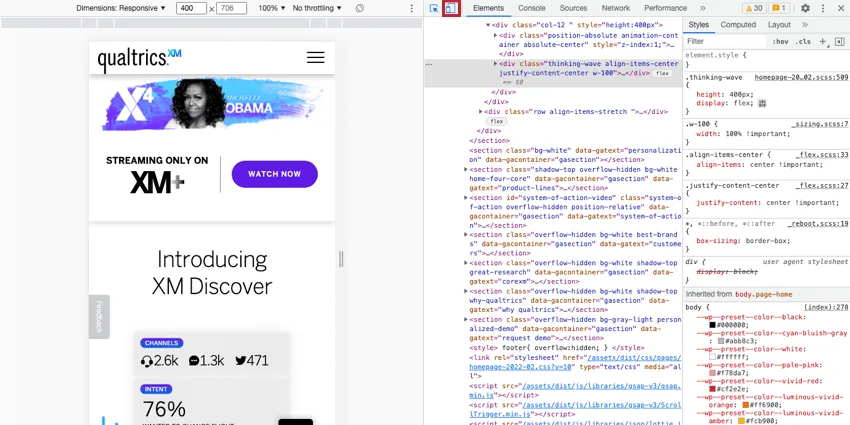 La barre doutils Toggle Device est surlignée dans le coin supérieur gauche des Outils du développeur dans le navigateur web