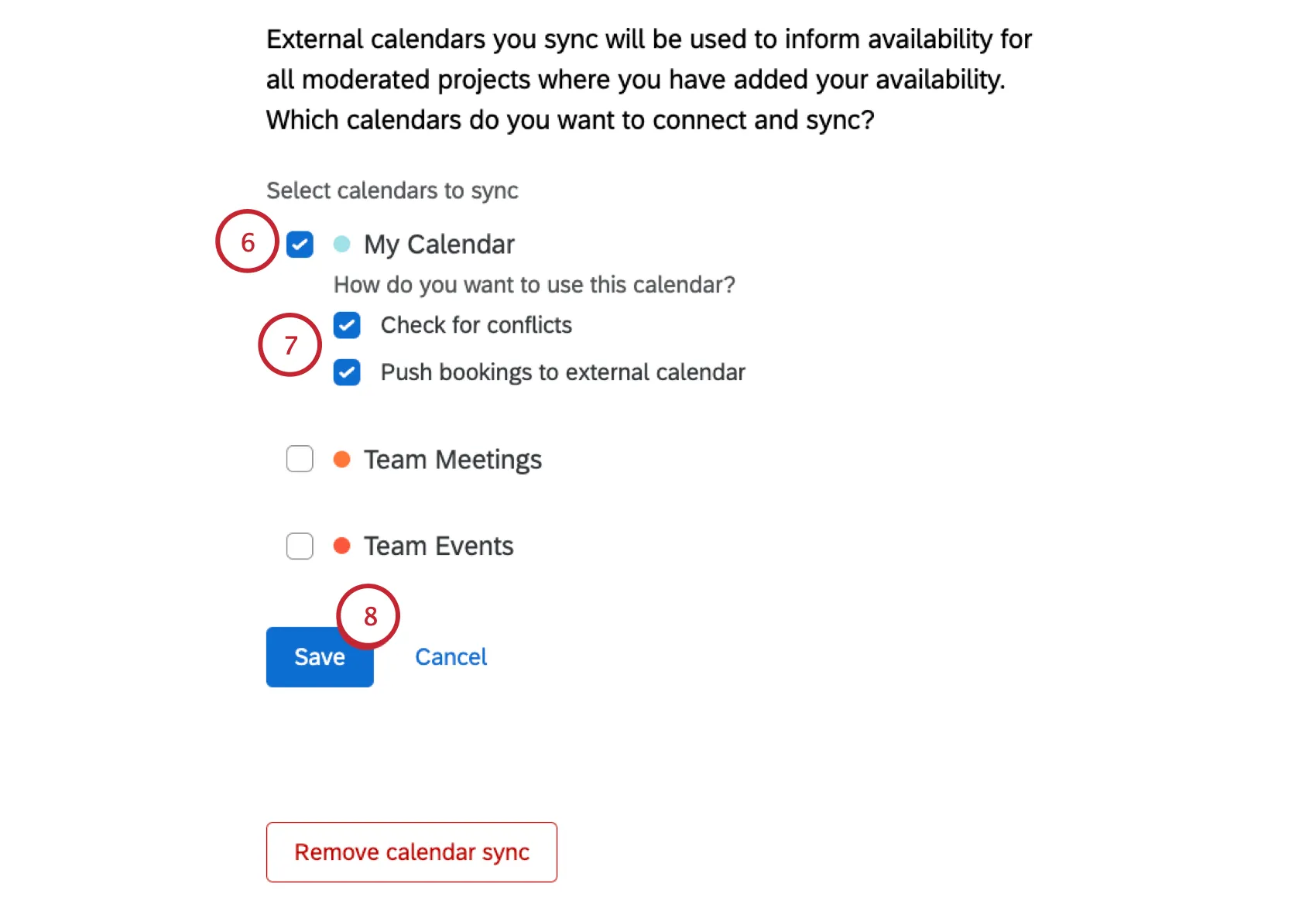 selezionare il/i calendario/i da sincronizzare con Qualtrics