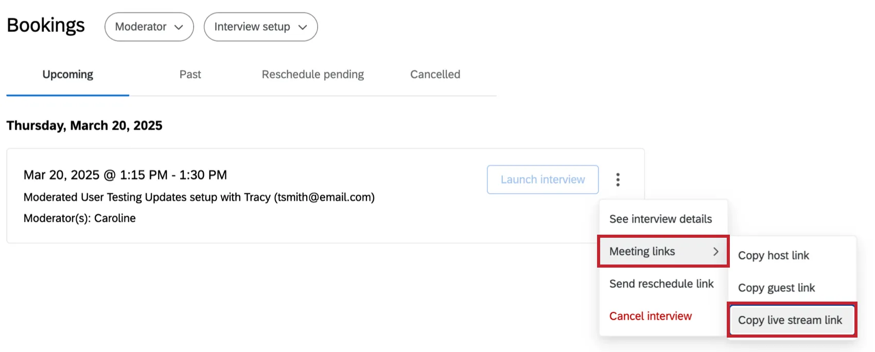 button to copy the livestream link