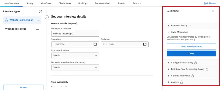guidance panel on the right of the project