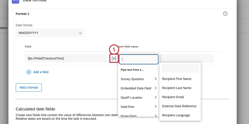 choosing the field to transform from the piped text menu