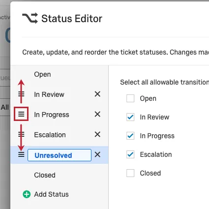 Reorder button highlighted with arrows showing movement