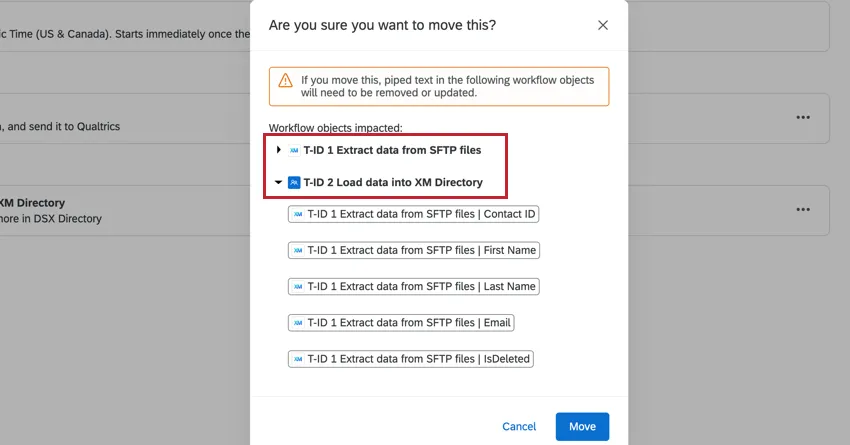 the error message when moving a task that contains dependencies that will break