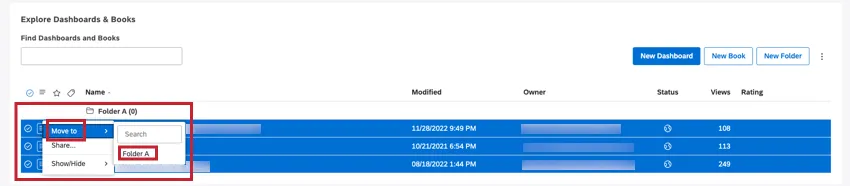 移動したい項目の次へアクションメニューを展開し、移動先を選択し、フォルダ名を選択します。