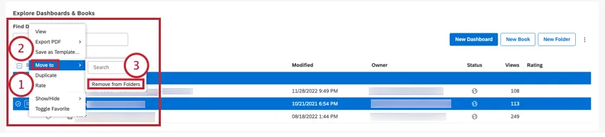 Select the item and expand the actions menu next to the item. Select Move to. Select Remove from Folders.