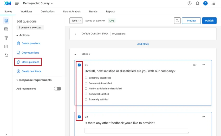 Check marks on the left side where the blocks are selected allow you to select questions and move them