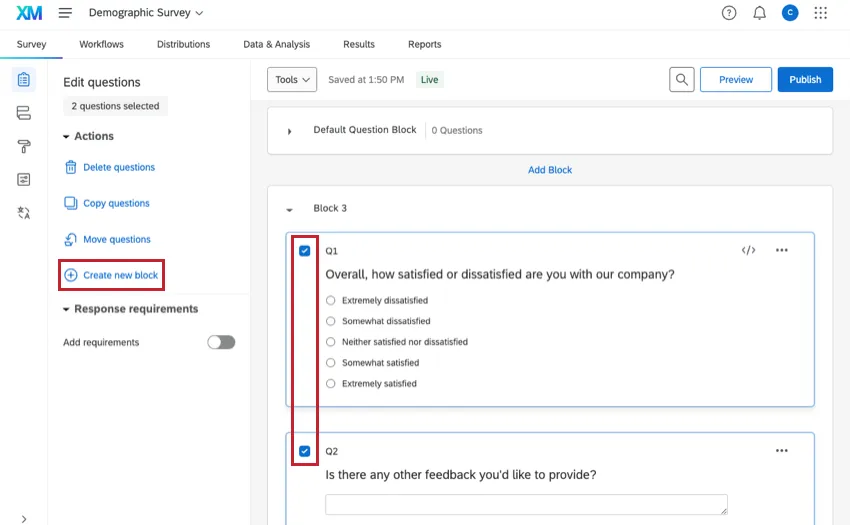 Check marks on the left side where the blocks are selected allow you to select questions and move them to a new block