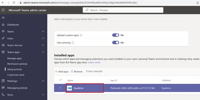 in der Administratoransicht in MS-Teams überprüfen, ob die Qualtrics installiert ist