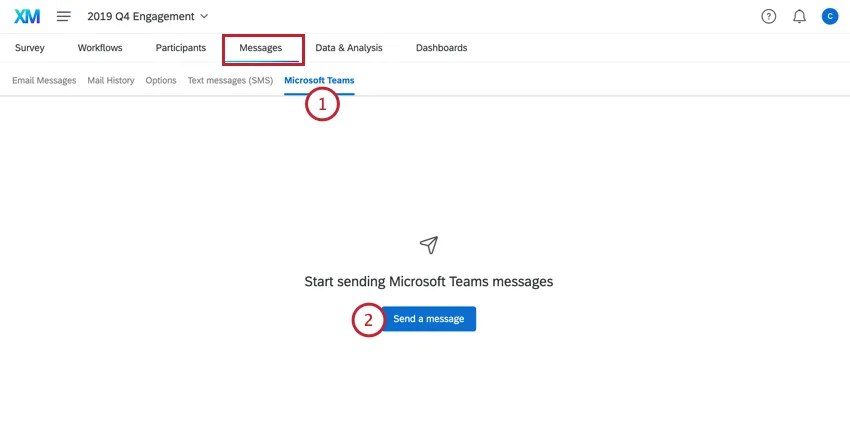 En la pestaña de mensajes, vaya a MS Teams y haga clic en Enviar un mensaje.