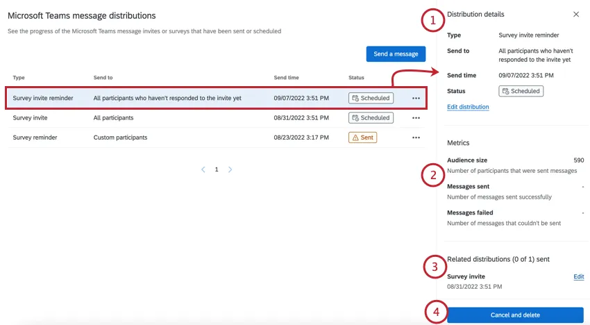 配信をクリックすると、その配信に関する詳細情報が表示されます。