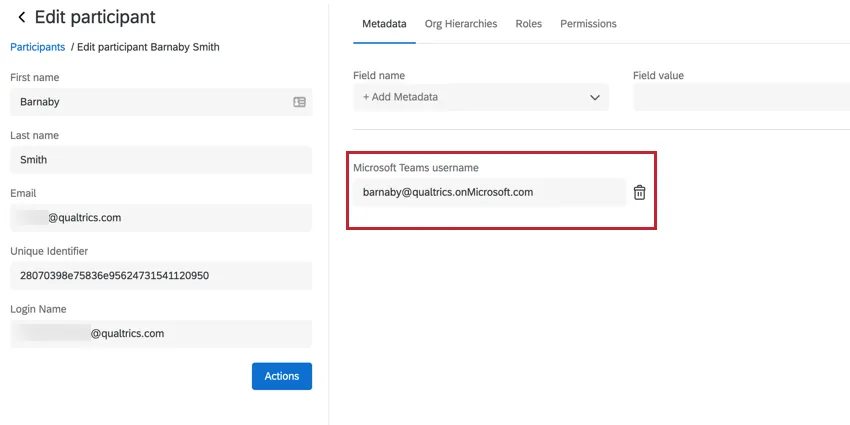 the participant information window showing a microsoft teams account metadata field