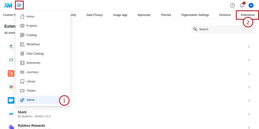 en cliquant sur le menu de navigation en haut à gauche, puis sur les extensions