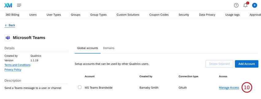 clicking manage access next to the newly added account