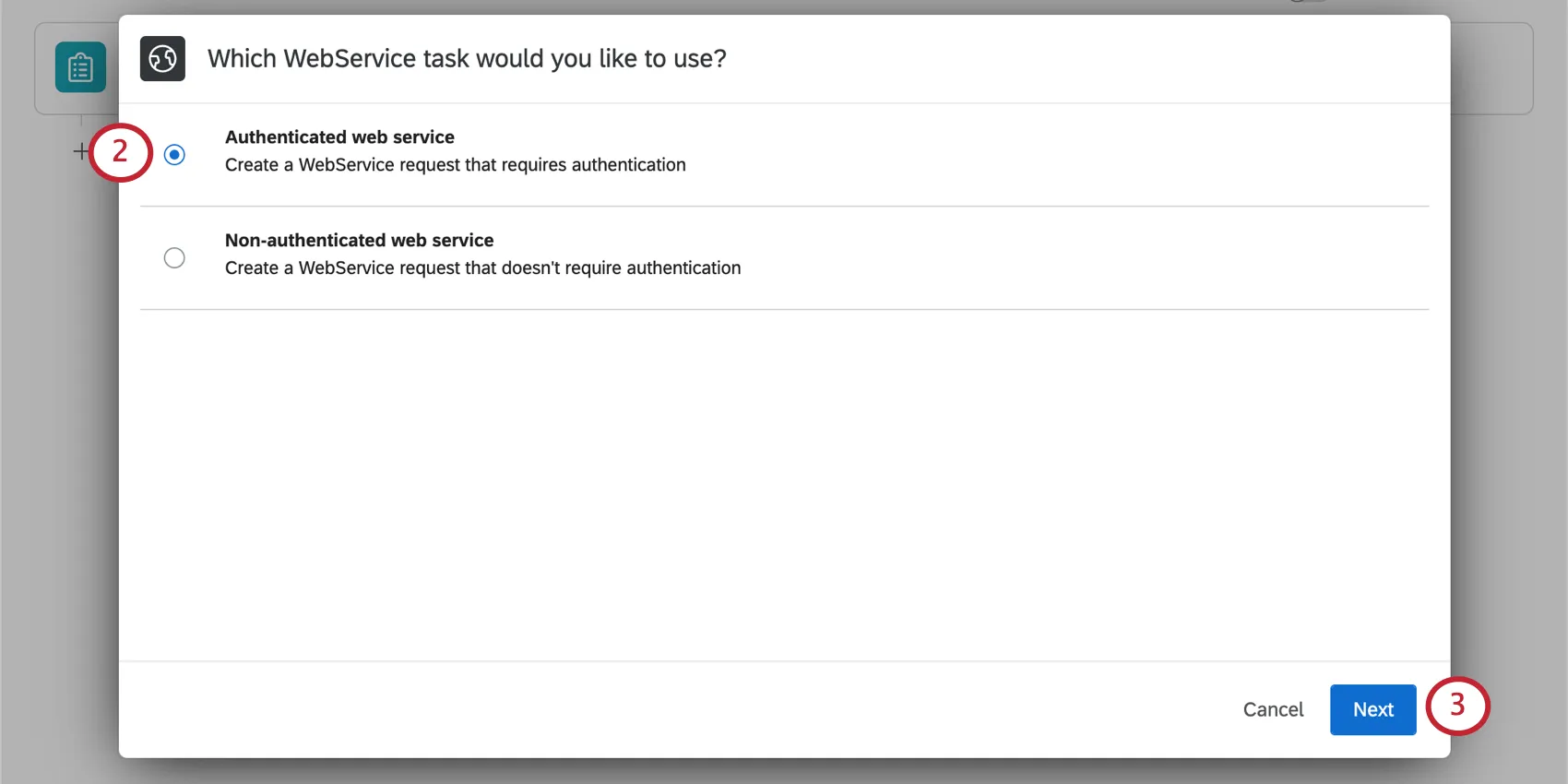 Next window shows two options: authenticated and non-authenticated web service