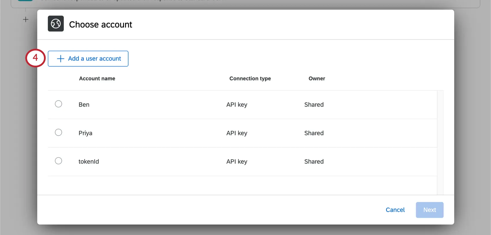Button for adding user accounts in upper-left of next page of window