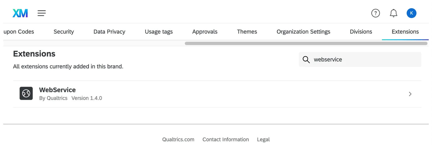 Mostrar la extensión del servicio web en la pestaña de extensiones de la página de administración