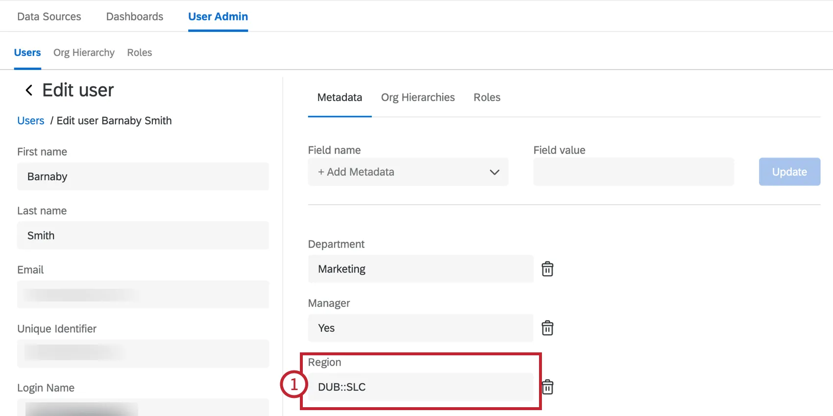 Un usuario con múltiples valores para el atributo Región