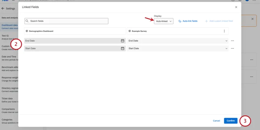now that fields are linked, only linked fields are displayed