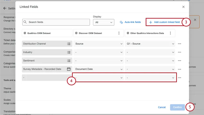 at top of linked fields window, above the 3 columns of datasets, is a custom linked field button
