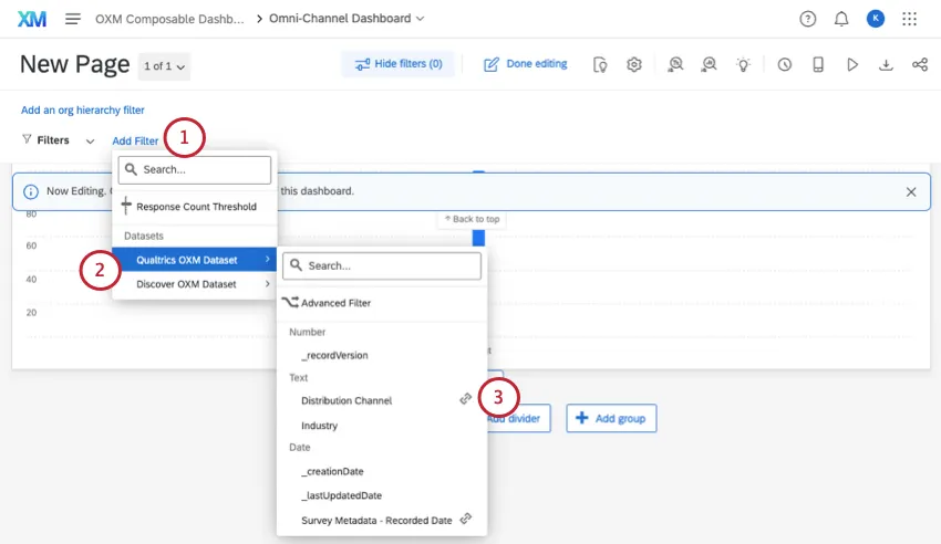 adding a filter to a dashboard, ensuring you hover over a dataset to see available filterable fields
