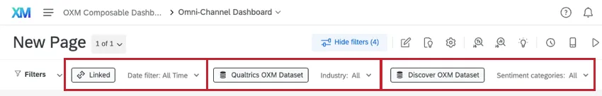 filtros na parte superior de um conjunto de dados. divididos em categorias de conjunto de dados vinculados, Qualtrics e Discover, para que fique claro o impacto de cada filtro