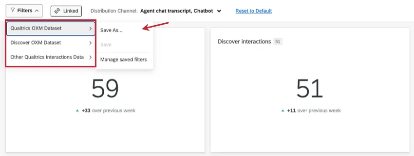 when you click filters, hover over a dataset before you can select save as, save, or manage saved filters