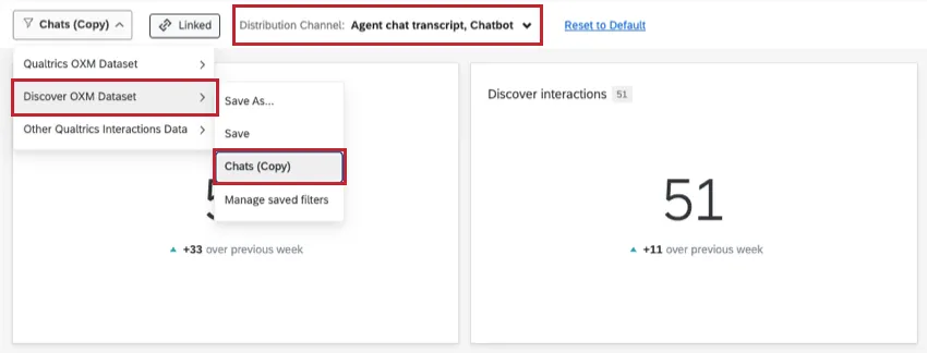 filtering for distribution channels agent transcript and chatbot. in the Discover dataset, this is saved as Chats Copy