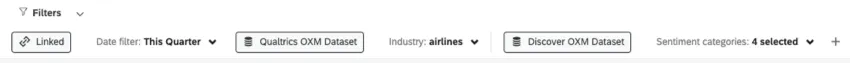 filter along the top of a dashboard page says: linked date filter this quarter, Qualtrics dataset, industry: airlines, and discover dataset: sentiment categories: 4 selected